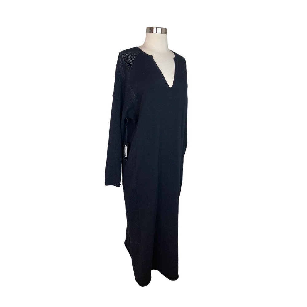 Parrish LA Knit Dress M Black V Neck Maxi Open Knit Perforated Sleeves